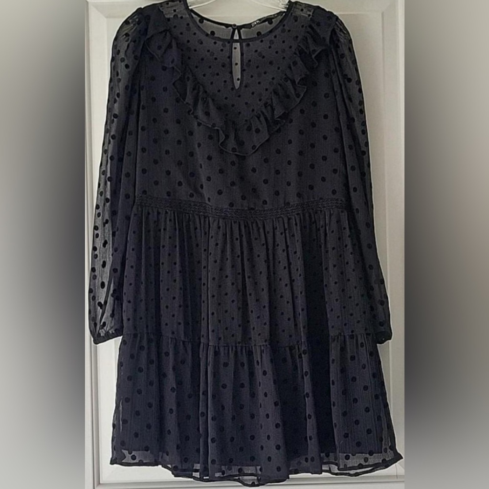 Zara Black Swiss Dot Tiered Ruffled Mini Dress Small